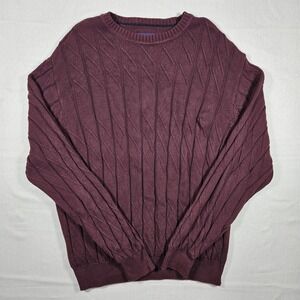 Alan Flusser Burgundy Cable Knit Crewneck Sweater Mens Size L 100 Cotton